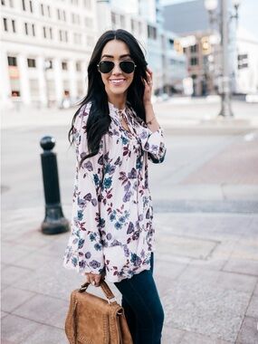 Free People Floral Tie-Neck Tunic - White with Teal & Plum